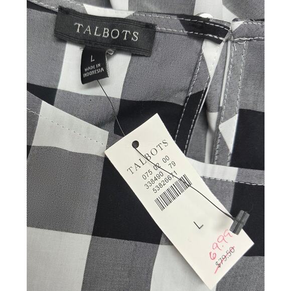 Talbots NWT Black White Gingham Check Top L 3/4 Sleeve Keyhole Neck Side Zip - Picture 5 of 6